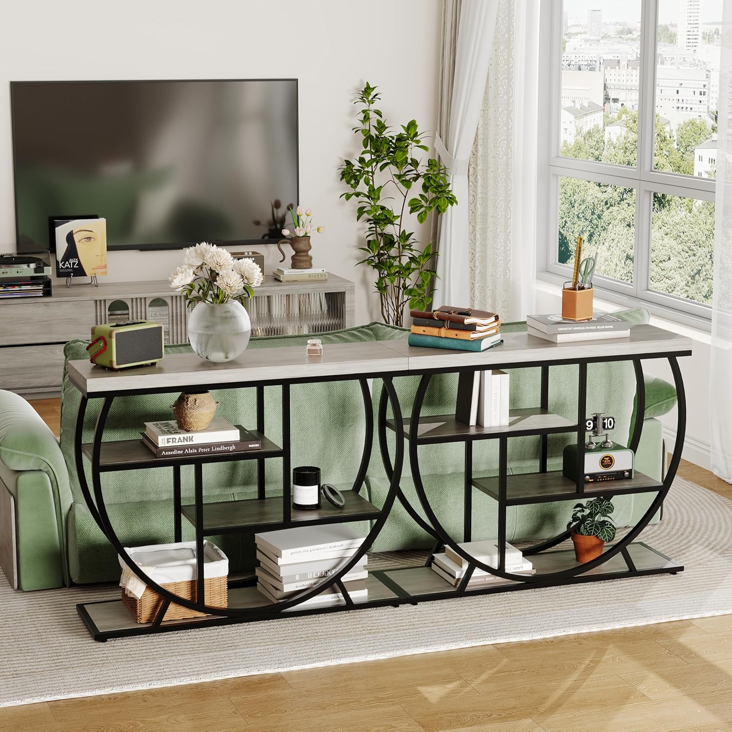 Garvee Entryway Table with Storage, Industrial 4-Tier Narrow Console Table Behind Couch with Half-Circle Base & Storage Shelves for Living Room, Hallway, Foyer