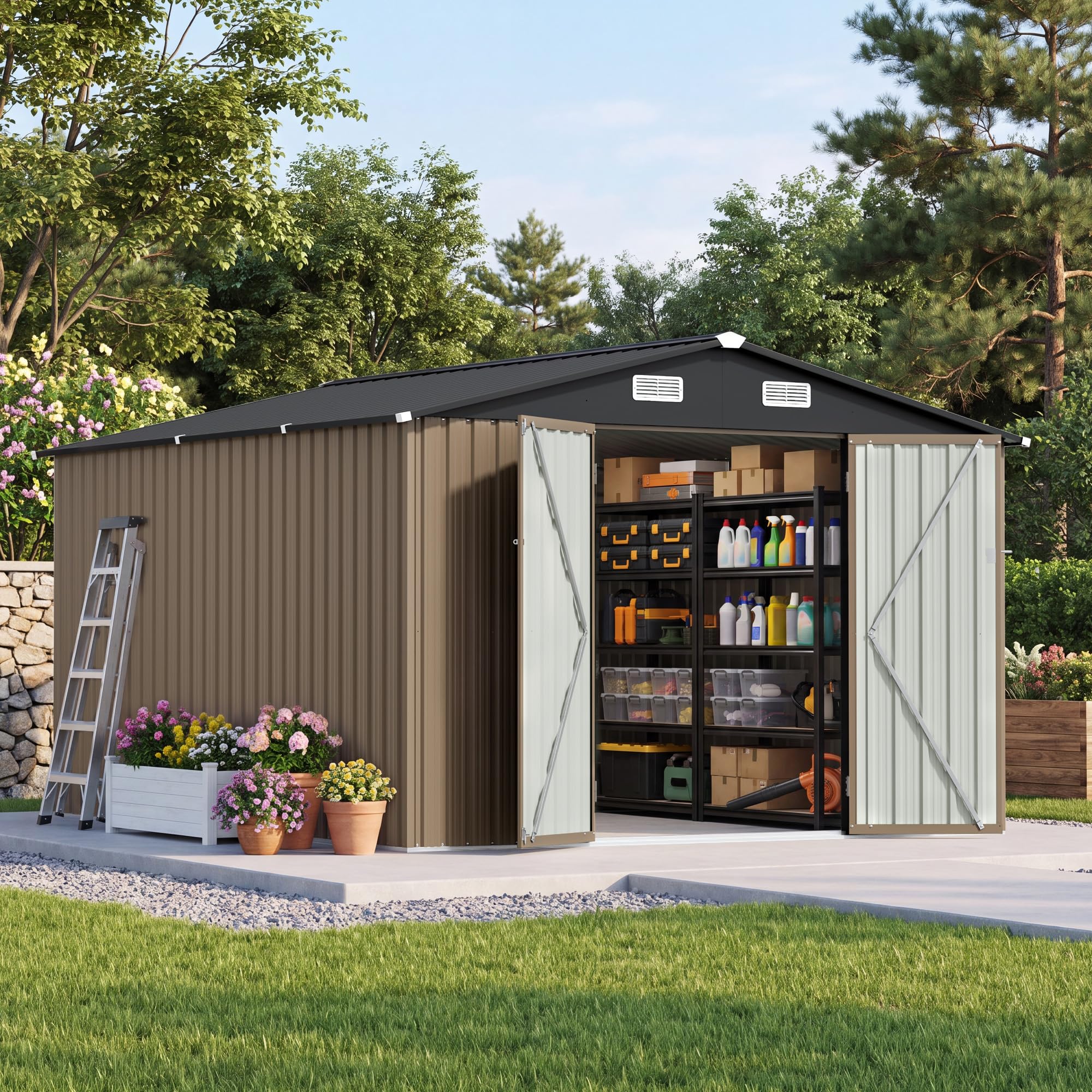 Patiowell 10x10 FT Storage Shed, Outdoor Metal Sheds, Brown
