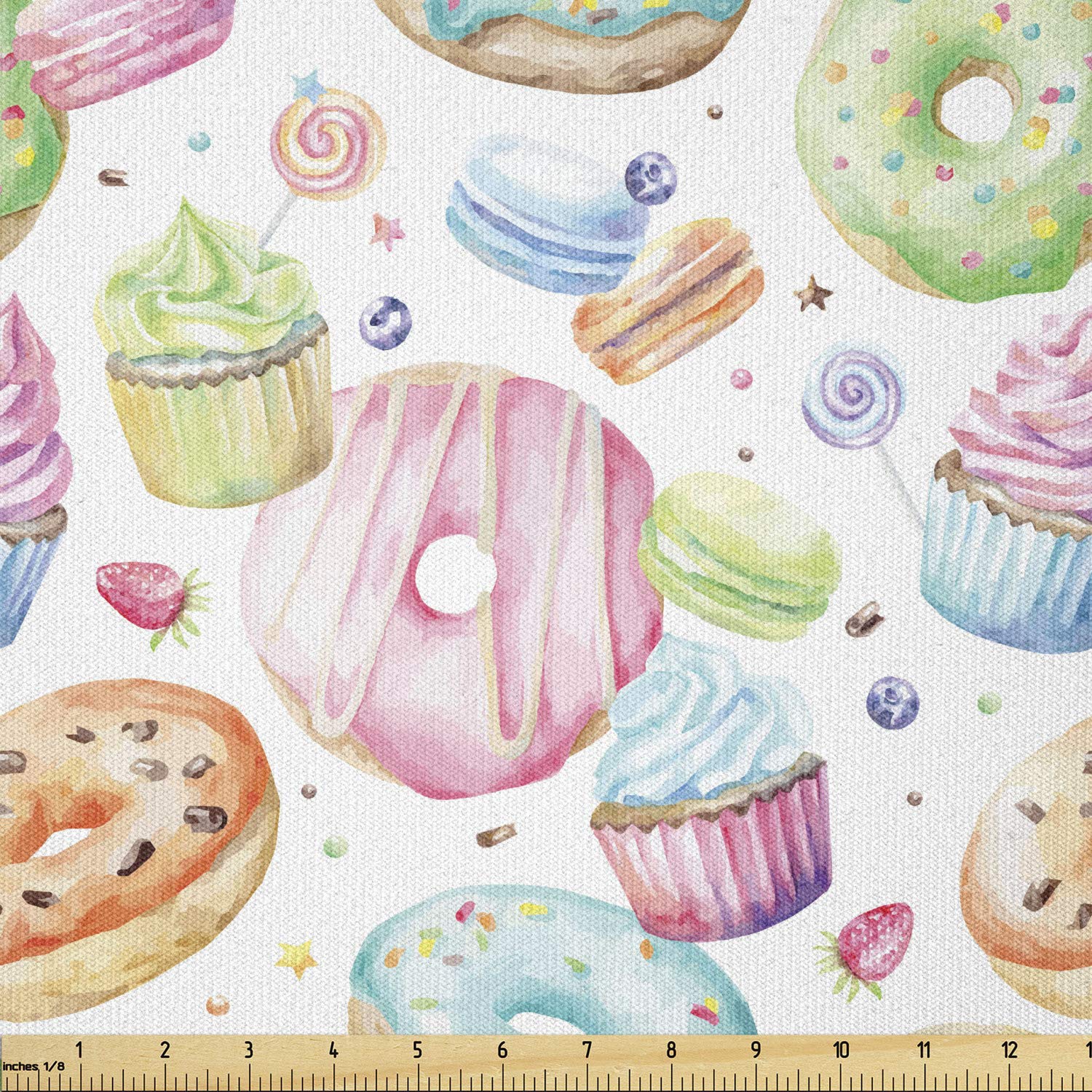 Lunarable Sweets Fabric by The Yard, Delicious Macaron Cupcakes Donuts Muffins Sugar Tasty Yummy Watercolor Design, Stretch Knit Fabric for Clothing Sewing and Arts Crafts, 3 Yards, Magenta Green