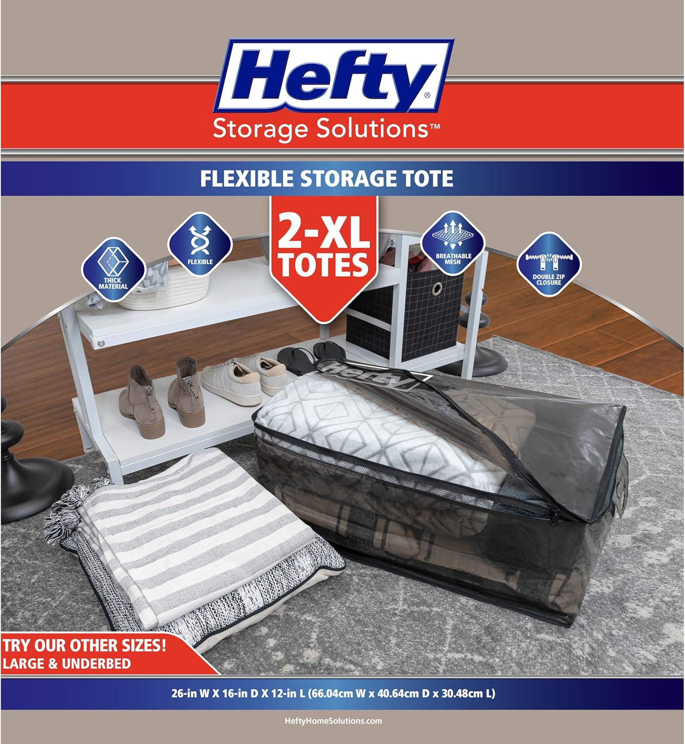 Hefty Storage Bags Extra Large Double Zipper Backpack, Heavy Duty Water Resistant Moving Totes with Shoulder Straps, Foldable Reusable Packing Organizers, 2 Pack (X-Large Black) - Image 2