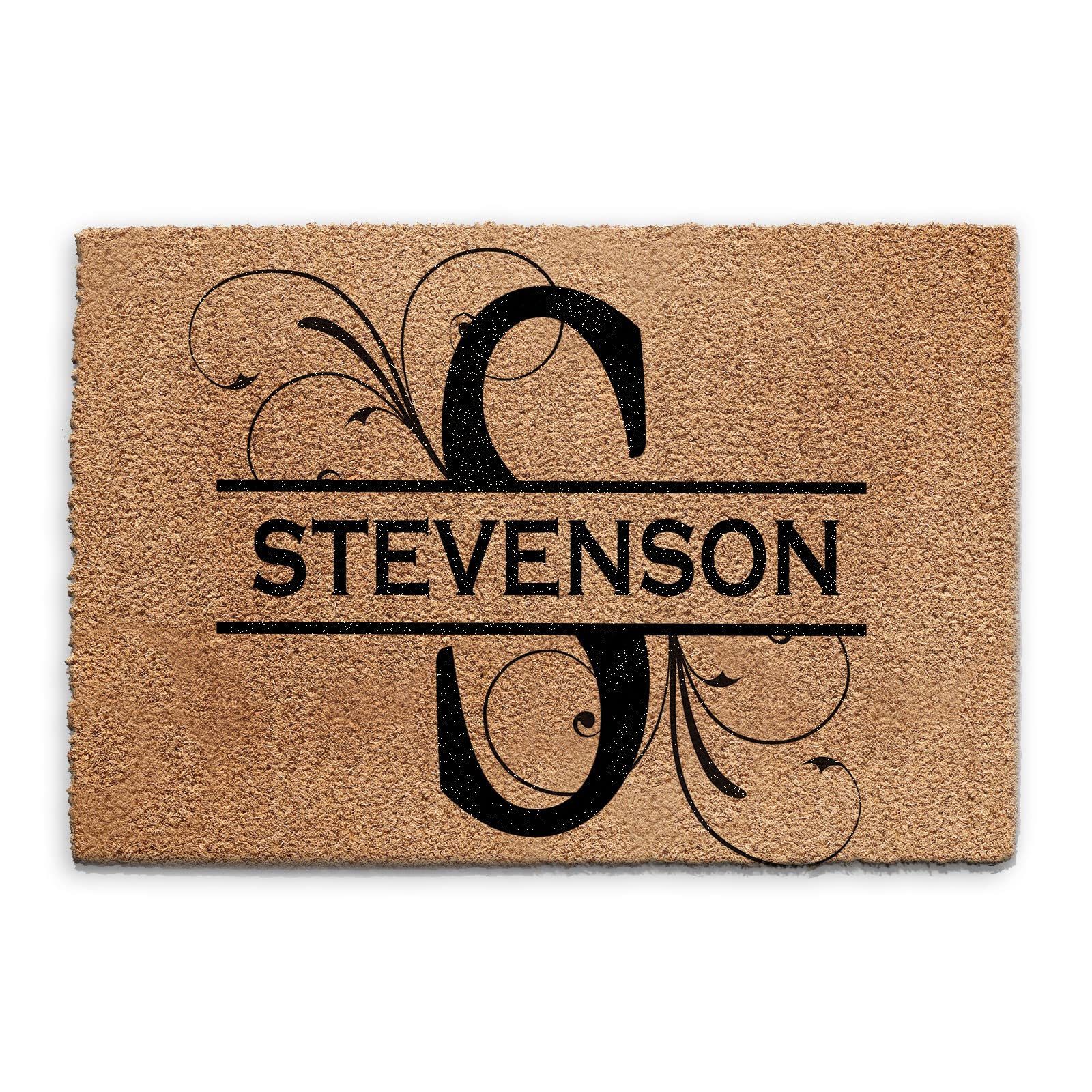 Personalised Doormat (40cm x 60cm) Small, Customise with Name, Initial Floral, Text, Coconut Core Fibre Heavy Duty Mat, Rug, Family Name and Initial Floral Indoor Natural Coir Regular Door Mat — image 1