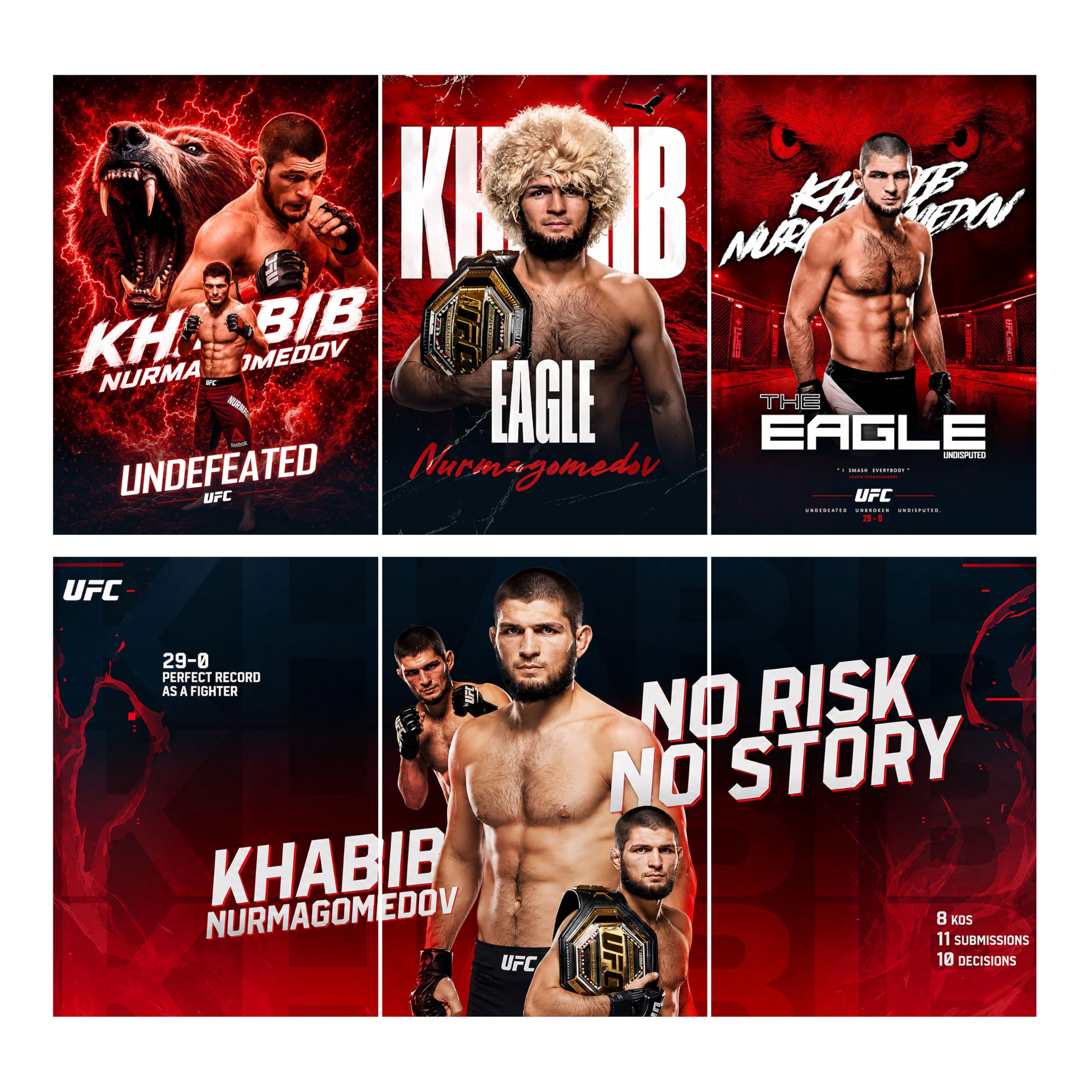 MODERN GALLERY MART Khabib Nurmagomedov Poster - Pack of 6 - Split Wall Posters | A4 Size | 300 GSM Premium Quality Paper | UFC Champion Wall Art for Bedroom, Gym & Office Decor