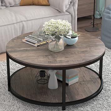 NSdirect Round Coffee Table, 36 Coffee Table for Living Room, 2-Tier Wood Desktop & Sturdy Metal Legs Table Home Furniture with Storage Shelf Walnut
