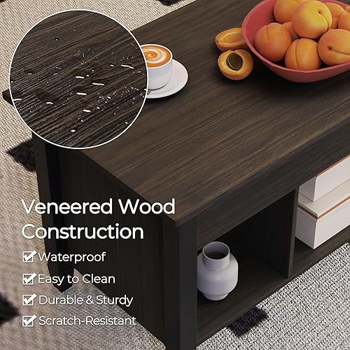 Miniatura 7 de Yaheetech - Mesa de centro con compartimento de almacenamiento oculto y estante, la superficie superior se levanta, mesa de comedor para sala de