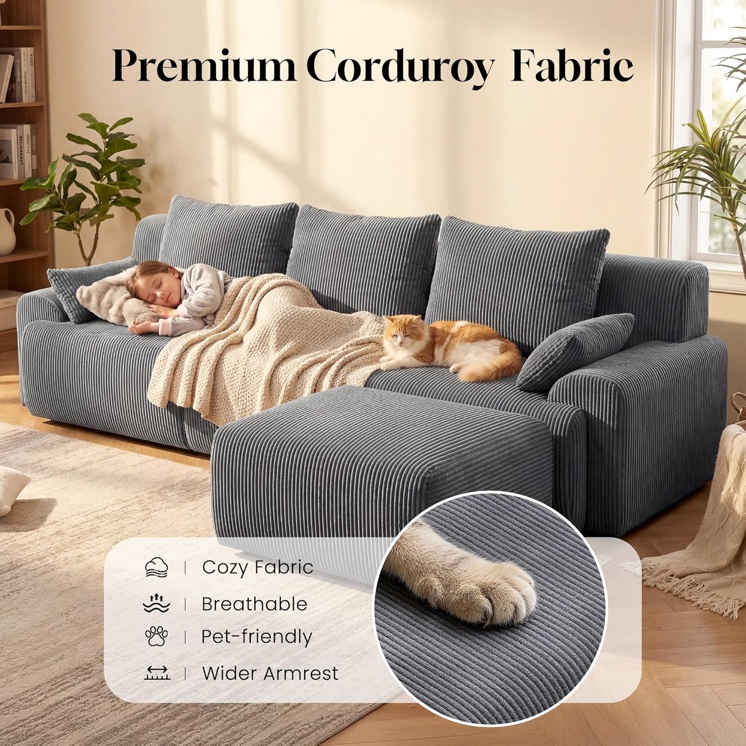 GRUSIGN 118'' Sectional Boneless Oversize Modular Couches, Curved Cloud Sectional Couches for Living Room,Rounded Corner Design L Shape Deep Seat Family Sofa with Ottoman & 3 Throw Pillows, Grey | Premium Corduroy, No Assembly Required, Rounded Corner, High-Resilience Foam, Ergonomic Support, Flexible Modular