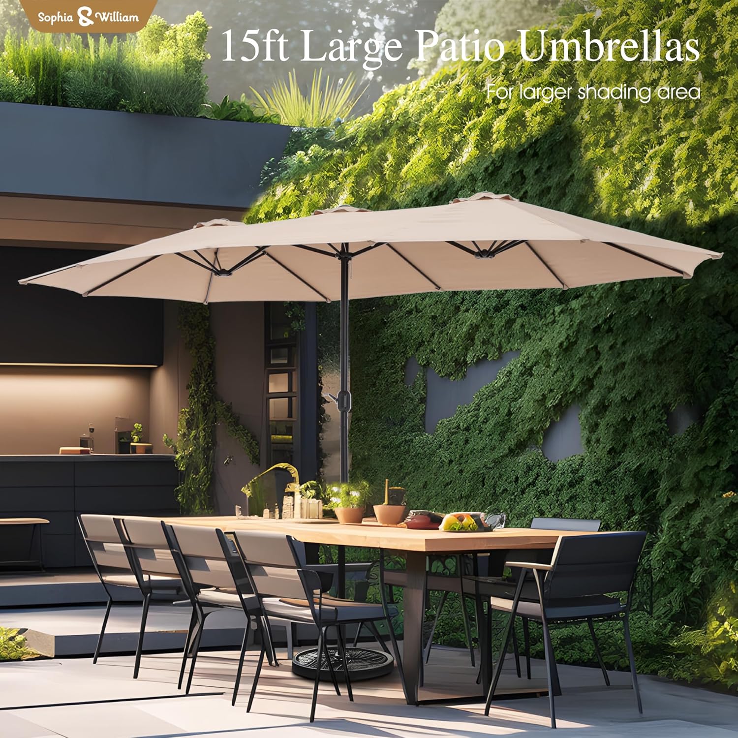 Sophia & William 15 ft Extra Large Patio Umbrella with Base Included, Rectangular Outdoor Umbrella Heavy Duty, Market Umbrella Double-sided Fade Resistant for Pool Garden Backyard, Beige - Image 6