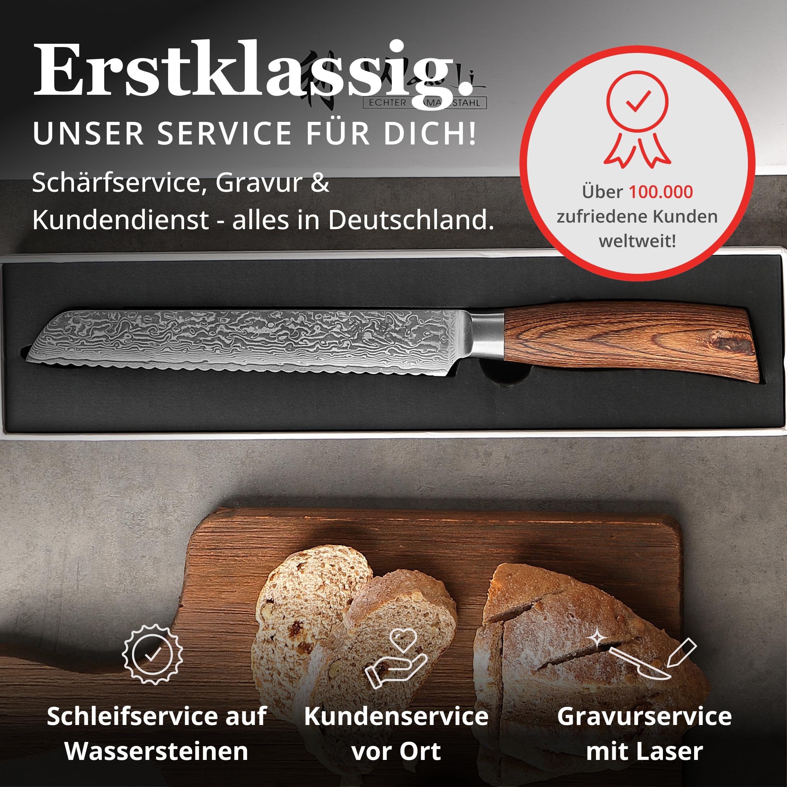 Wakoli EDIB Pro Brotmesser, 20 cm Klinge aus Damaststahl mit VG10 Kern | Wellenschliff für Brot, Brötchen, Baguette und Kuchen; 67 Lagen, 60 ± 2 HRC, 34 cm Gesamtlänge, Pakkaholzgriff, Geschenkbox
