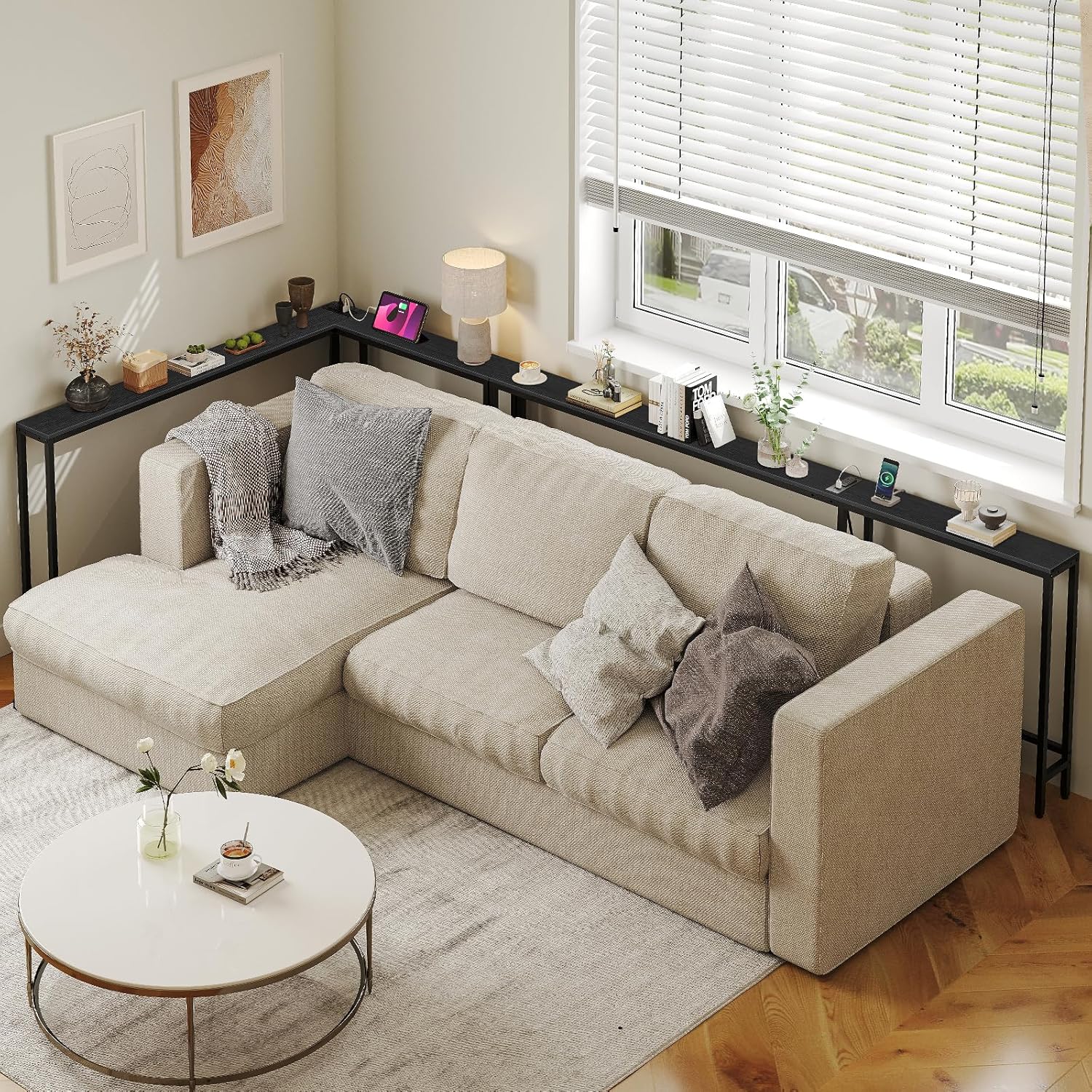 narrow console table with outlets, 78.7" sofa table narrow long, l shaped behind couch entryway table with charging station, for living room, hallway, 3 assembly options, black ct17ubb 78.7"l x 5.9"w x 29.5"h black