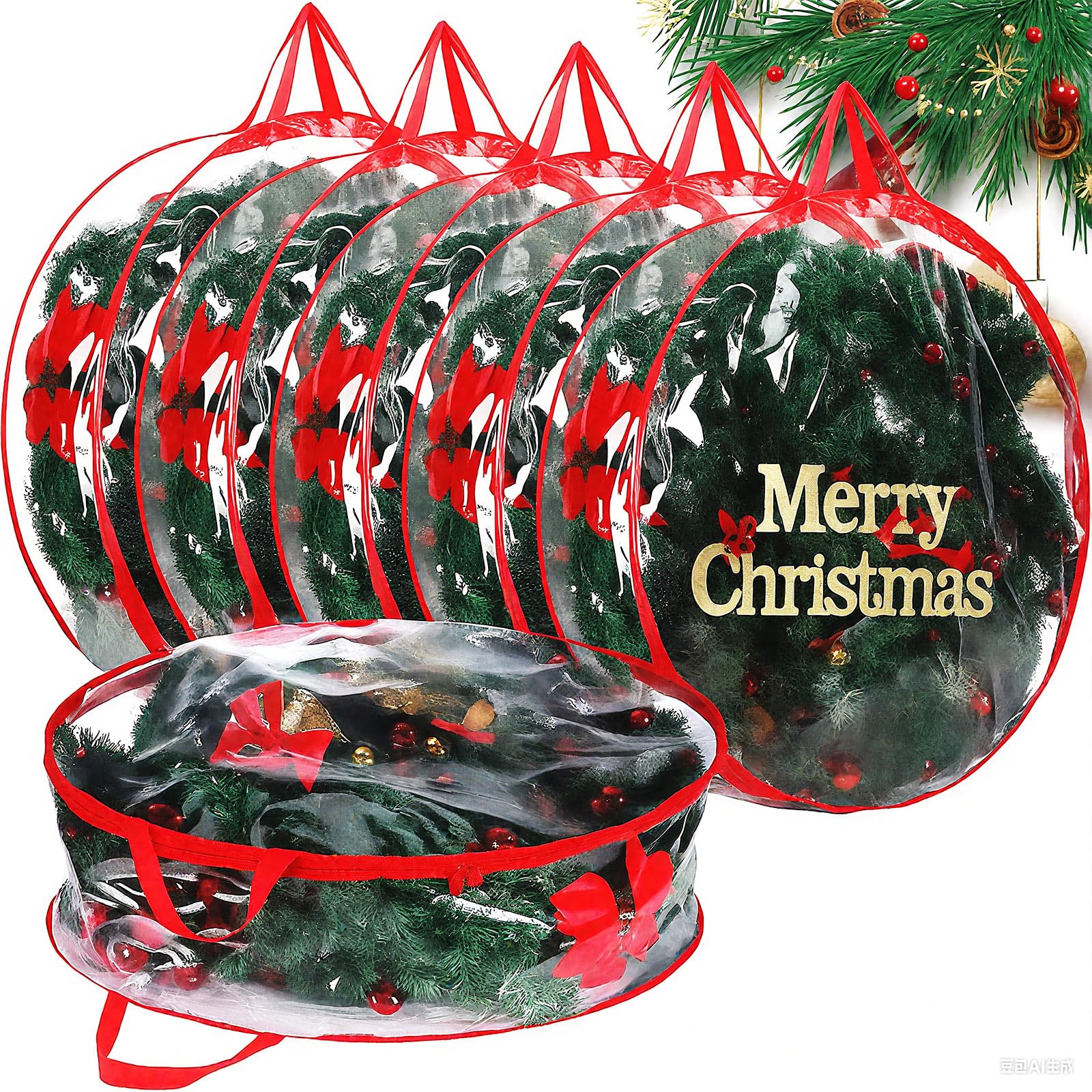 Shappy Contenitore per ghirlande natalizie, 76 cm, in plastica trasparente, con doppia cerniera e manici, per Natale, Ringraziamento, vacanze, ghirlande artificiali (trasparente, rosso, 6)