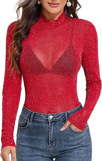 YYA Mesh Top for Women Long Sleeve Mock Neck Mesh Shirt Sparkly Silver Sheer Tee Shirts See-Through Top for Party S-XXL