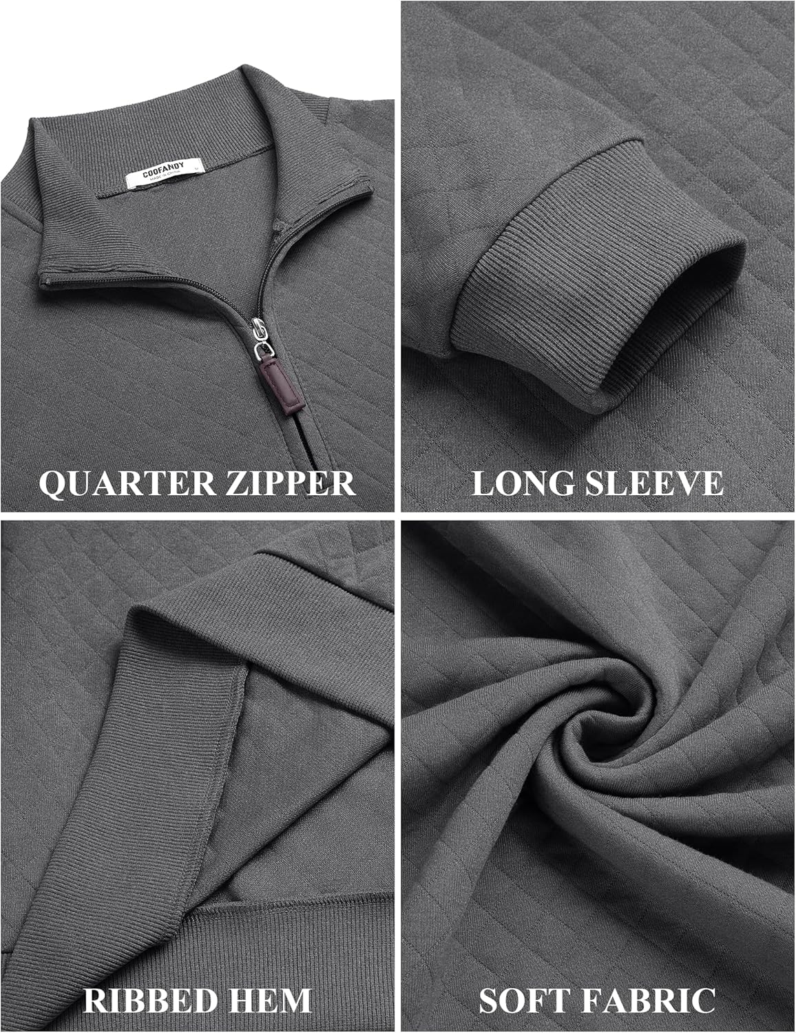 COOFANDY Men Quarter Zip Pullover Long Sleeve Quilted Sweatshirt Waffle Casual Collared Sweatshirts Mock Neck Winter Polo