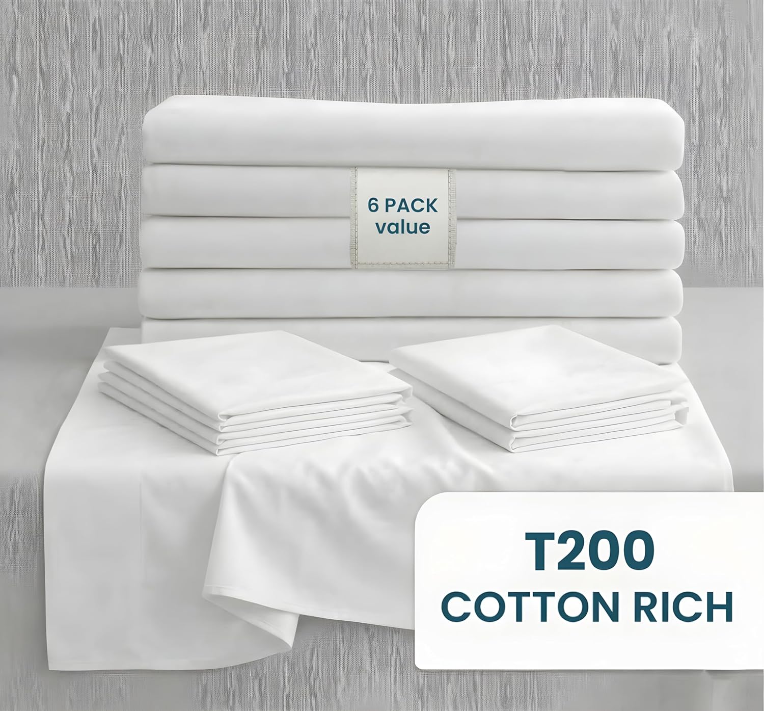 EcoLaire Queen Flat Bed Sheets 6 Pack – 90” x 110” White T200 Cotton Rich Polycotton Bedding, Durable Hotel Quality Bulk Sheets for Home, Vacation Rental, Guest House & Spa – Soft, Quick Dry