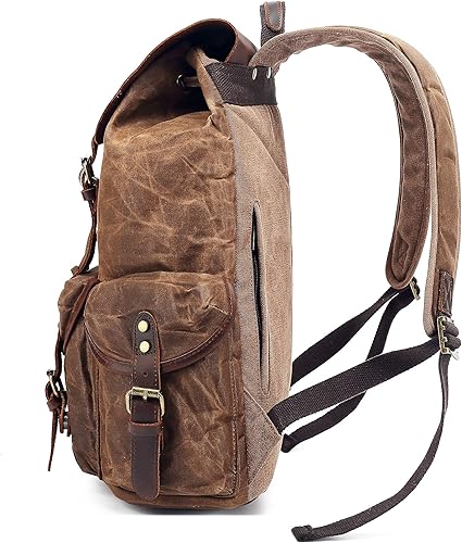 Miniatura 6 de HuaChen M80 - Mochila de cuero de lona encerada para hombres y mujeres, mochila vintage casual de viaje, mochila grande para viajes y senderismo,
