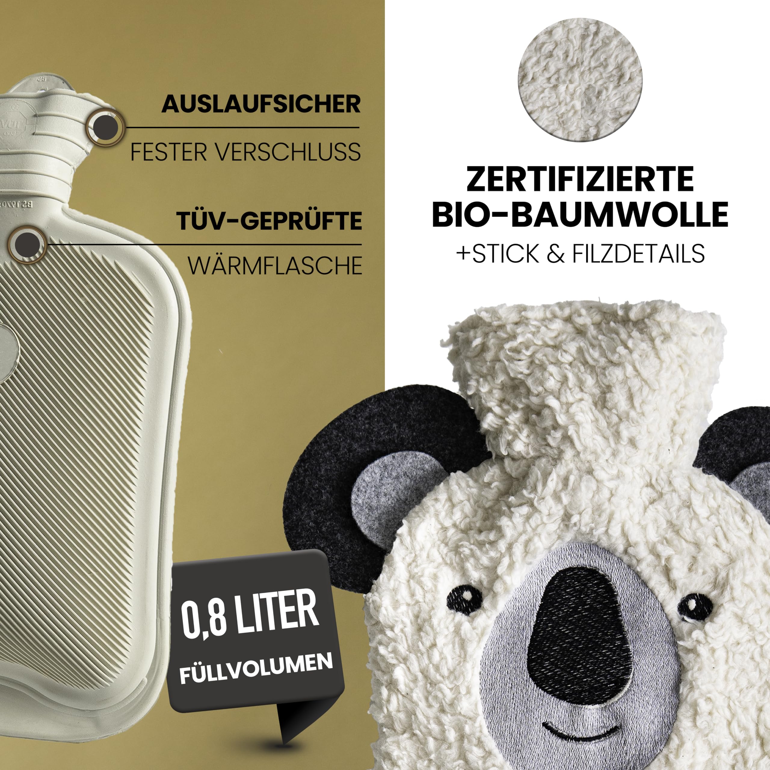 Kuschel - Borsa dell'acqua calda animale [0,8 l] in cotone biologico extra morbido e feltro riciclato, prodotta in Germania, borsa dell'acqua calda animale, divertente borsa dell'acqua calda per