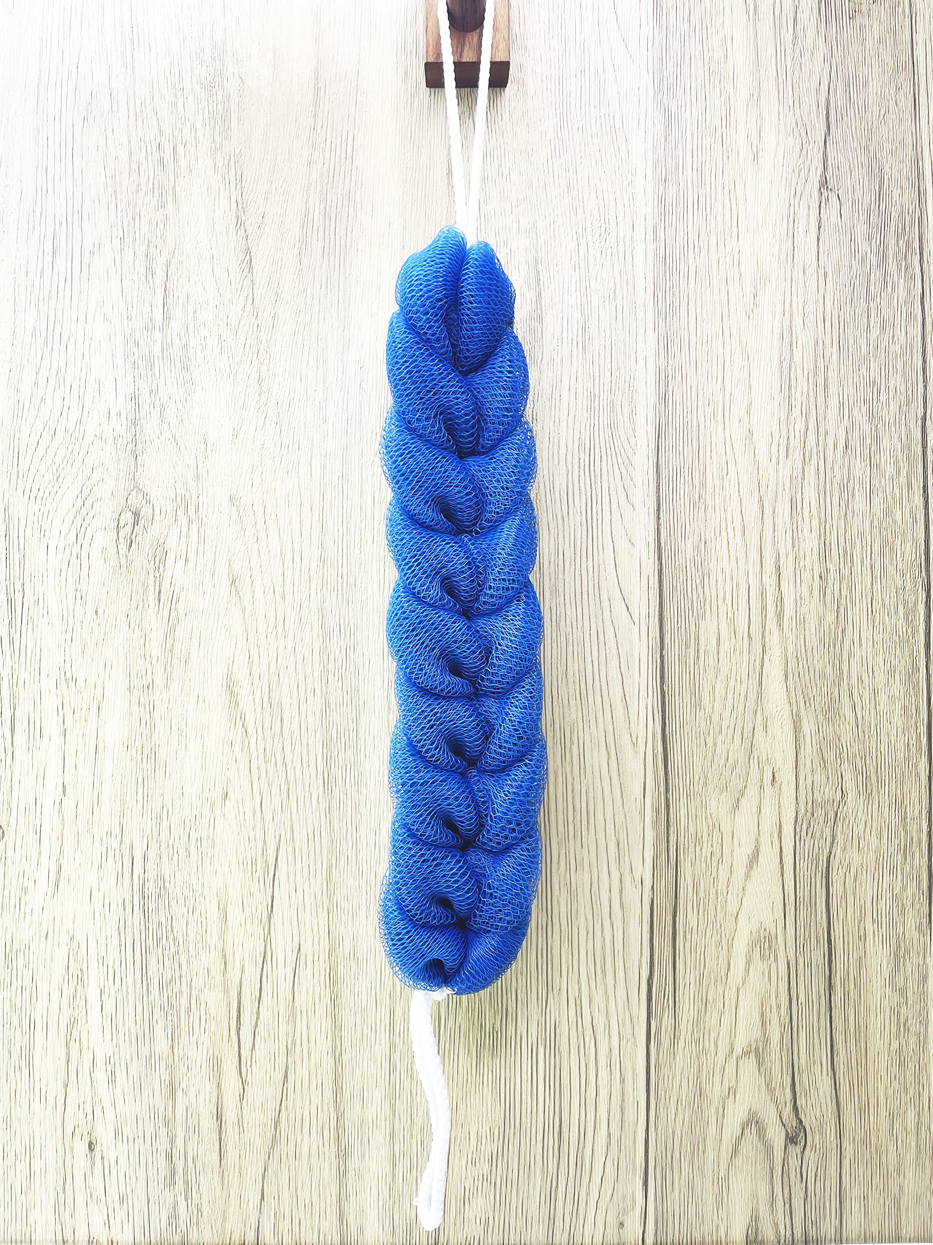 Esponja larga y elástica con asas de cuerda, esponja de malla exfoliante para el cuerpo, exfoliante y trenzado para hombres y mujeres (paquete de 2, azul)