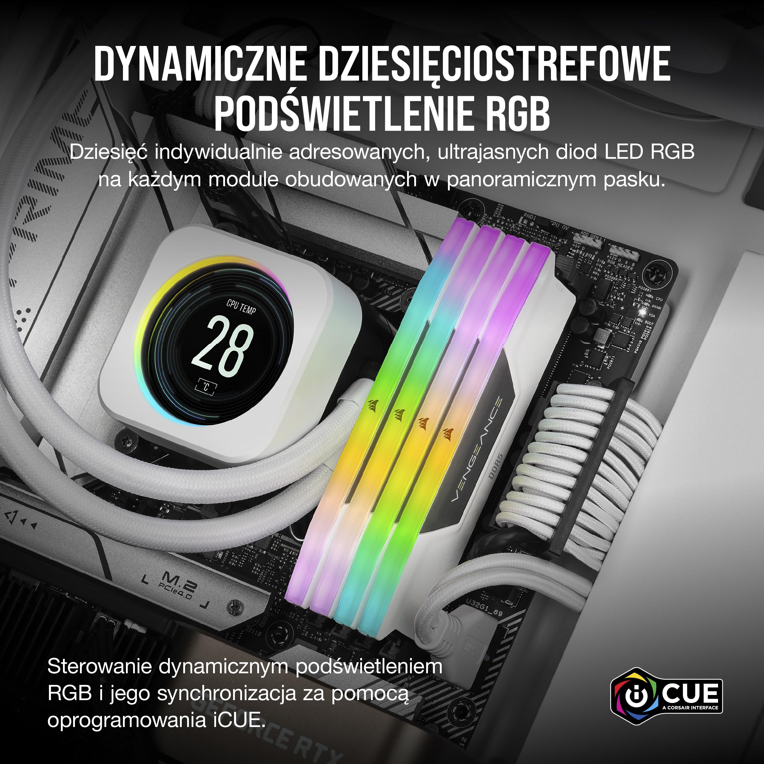 CORSAIR VENGEANCE RGB DDR5 RAM 32GB (2x16GB) do 6400MHz CL36-48-48-104 1.35V AMD EXPO Intel XMP 3.0 RAM do Komputera – Biały (CMH32GX5M2B6400Z36W)