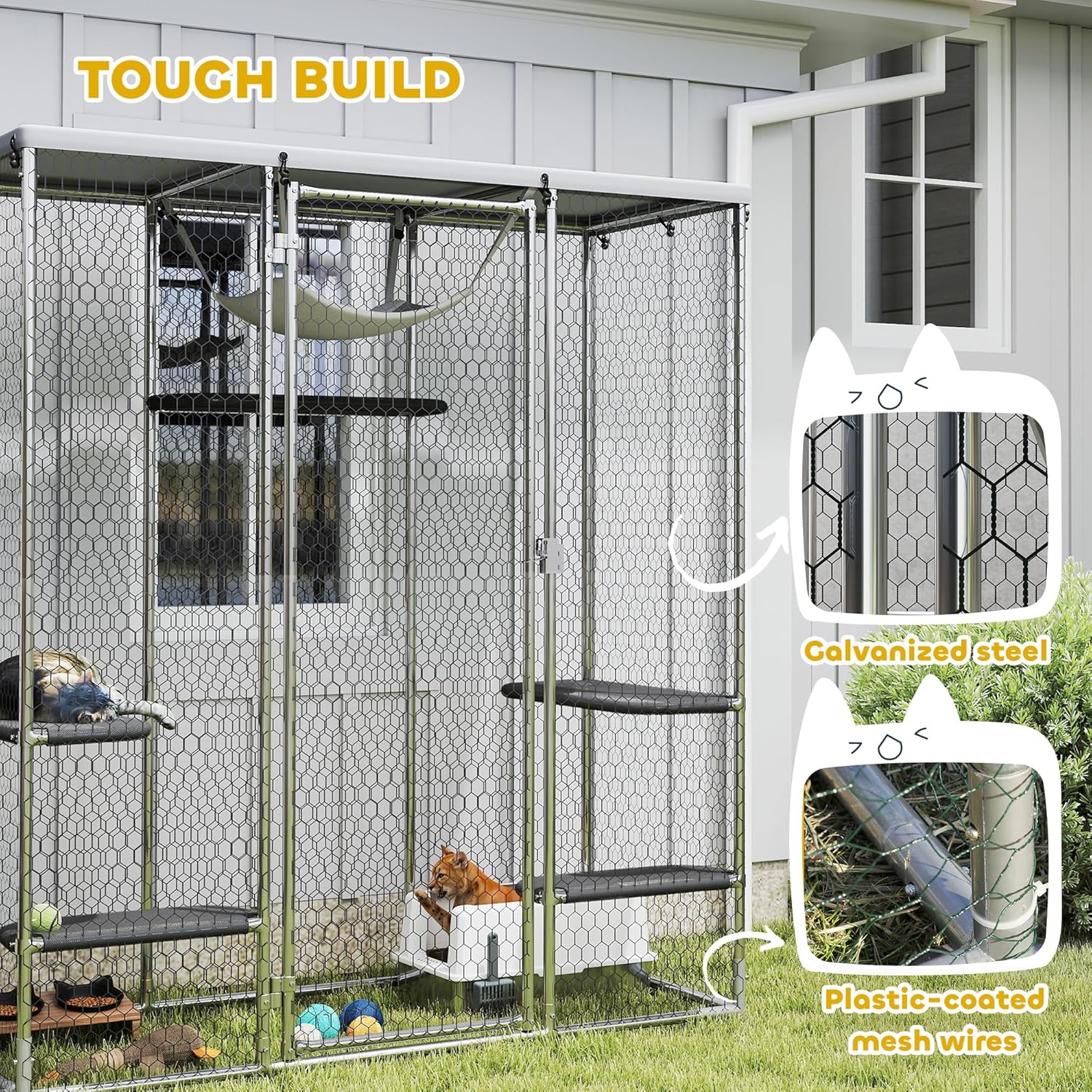 PawHut Large Catio Outdoor Cat Enclosure, Galvanized Steel Walk-in Cat Patio for Multiple Kittens, Outdoor Kitty Cage with Waterproof Cover, 5 Adjustable Platforms, Hammock, Chicken Coop Flat Roof