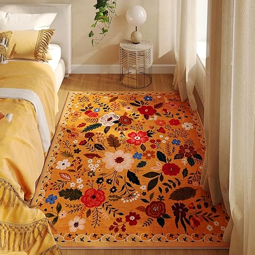 Miniatura 5 de Rugcomf Alfombra de área de 4 x 6 pies, lavable, bohemia, antideslizante, de pelo bajo, floral, pequeña alfombra para dormitorio, mesita de noche,