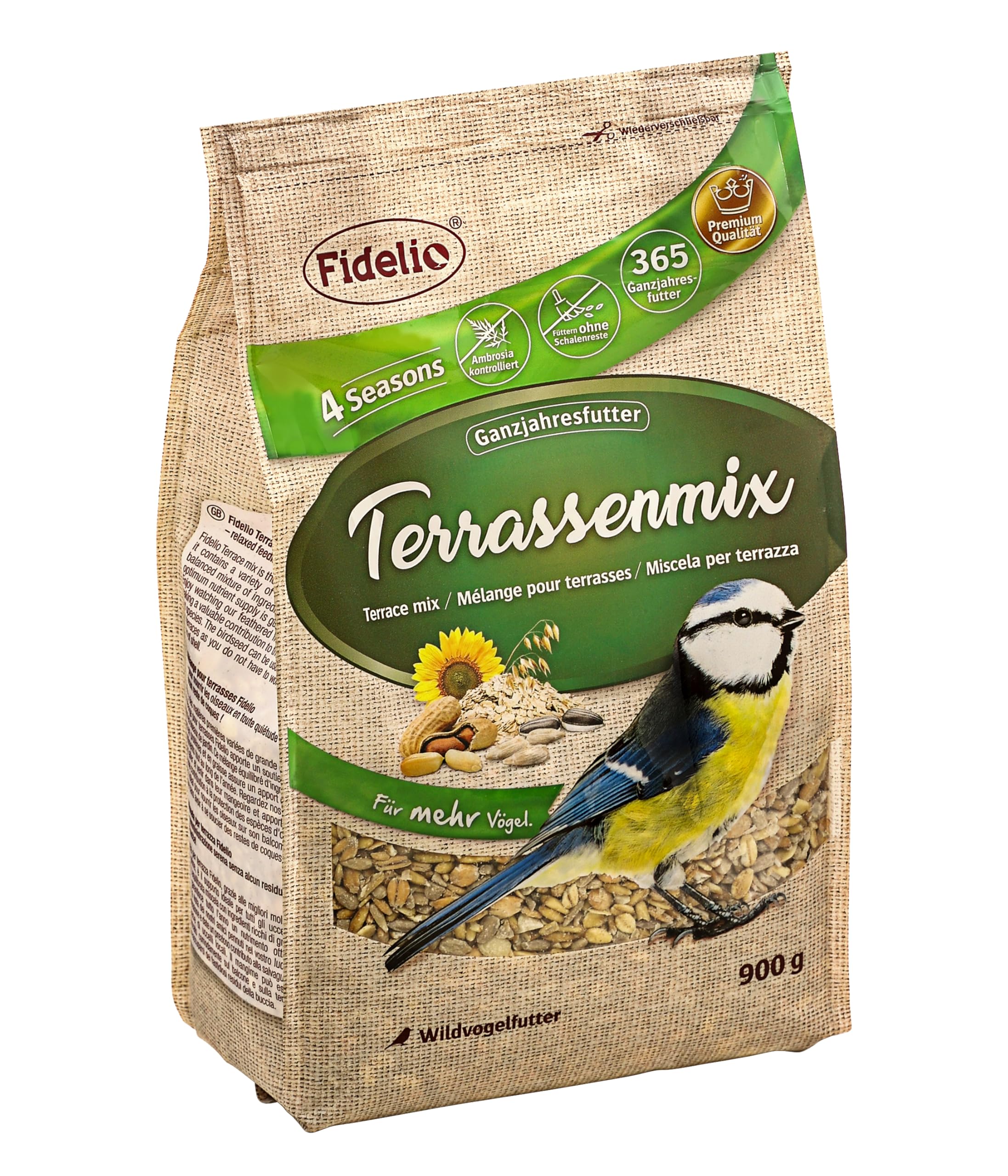 Fidelio Karma dla dzikich ptaków, mieszanka tarasów, całoroczna, bogata w białko/energię, wysokiej jakości karma dla dzikich ptaków, 5 x 900 g (4,5 kg)