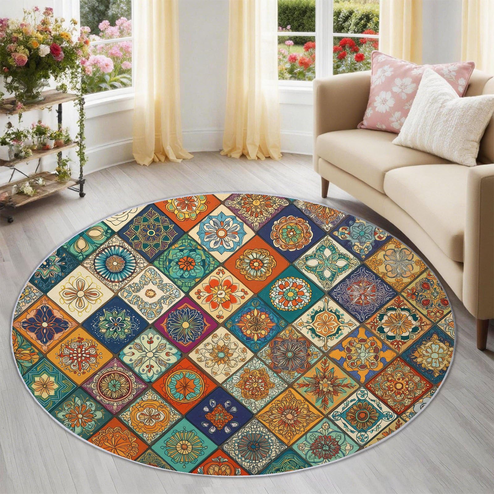 Tappeto rotondo lavabile, 160 cm, stile marocchino, geometrico, con piastrelle, fiori, mandala, rombi, per camera da letto, a pelo corto, antiscivolo, per sala da pranzo, cameretta dei bambini