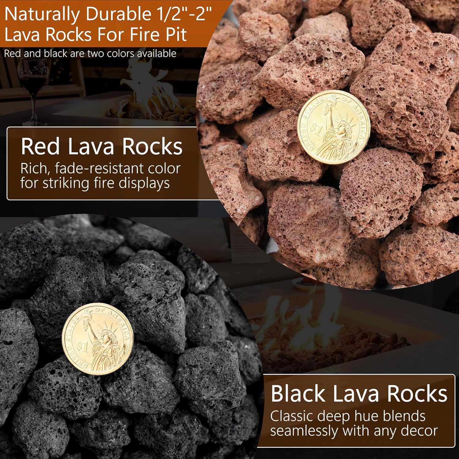 NUPICK 20lb Black Lava Rocks for Fire Pit, 1/2"-2" Volcanic Rock for Fireplace Indoor Outdoor, Lava Stone for Natural Gas & Propane Systems, Fire Glass Base Layer, Fire Bowls, Landscaping, Plants