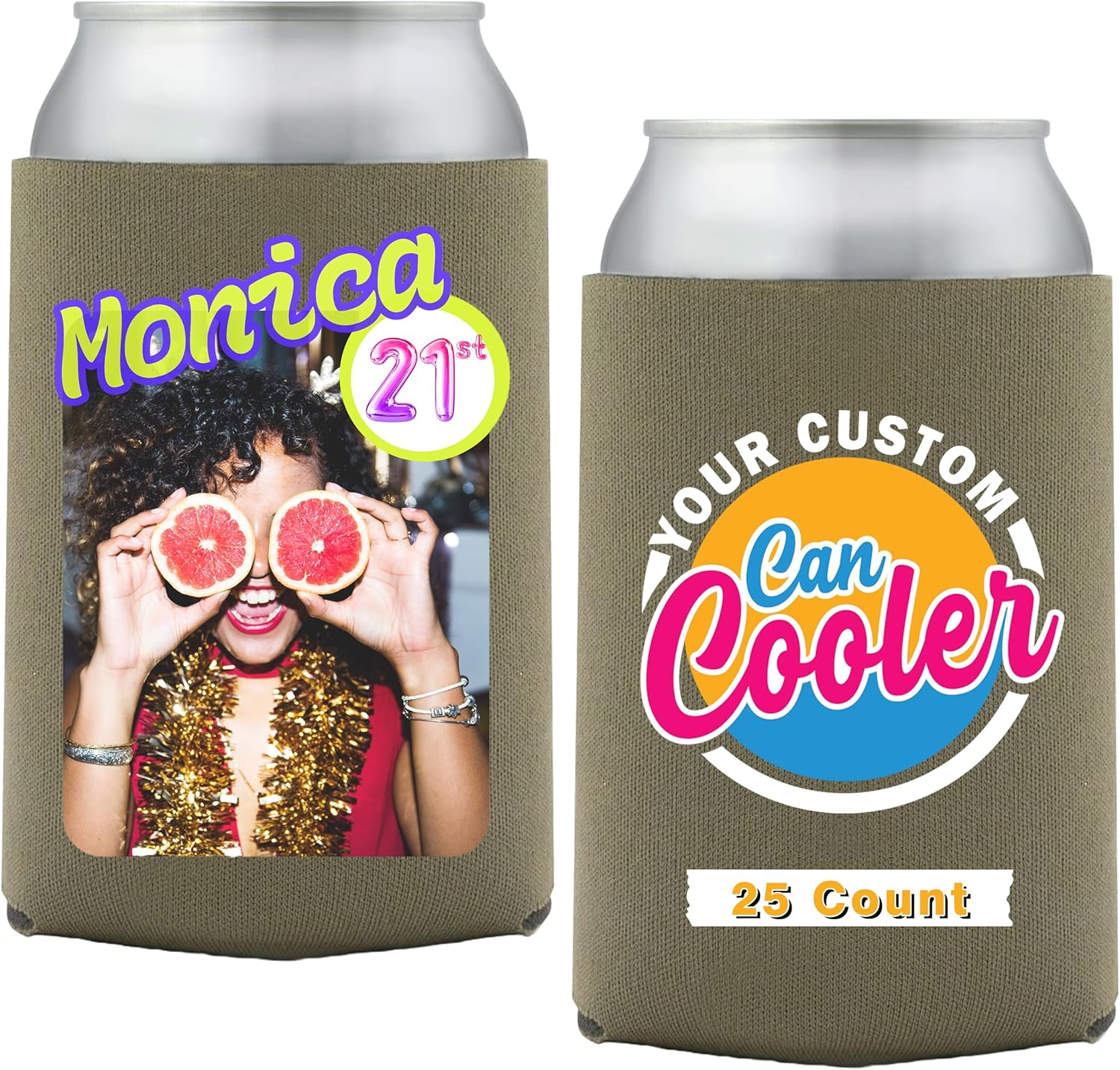 Custom Photo Collapsible Can Coolers – Personalized Drink Sleeves for Parties, Weddings, Birthdays, and Special Events – Unique Keepsake Favors with Your Picture (Taupe, QTY25)