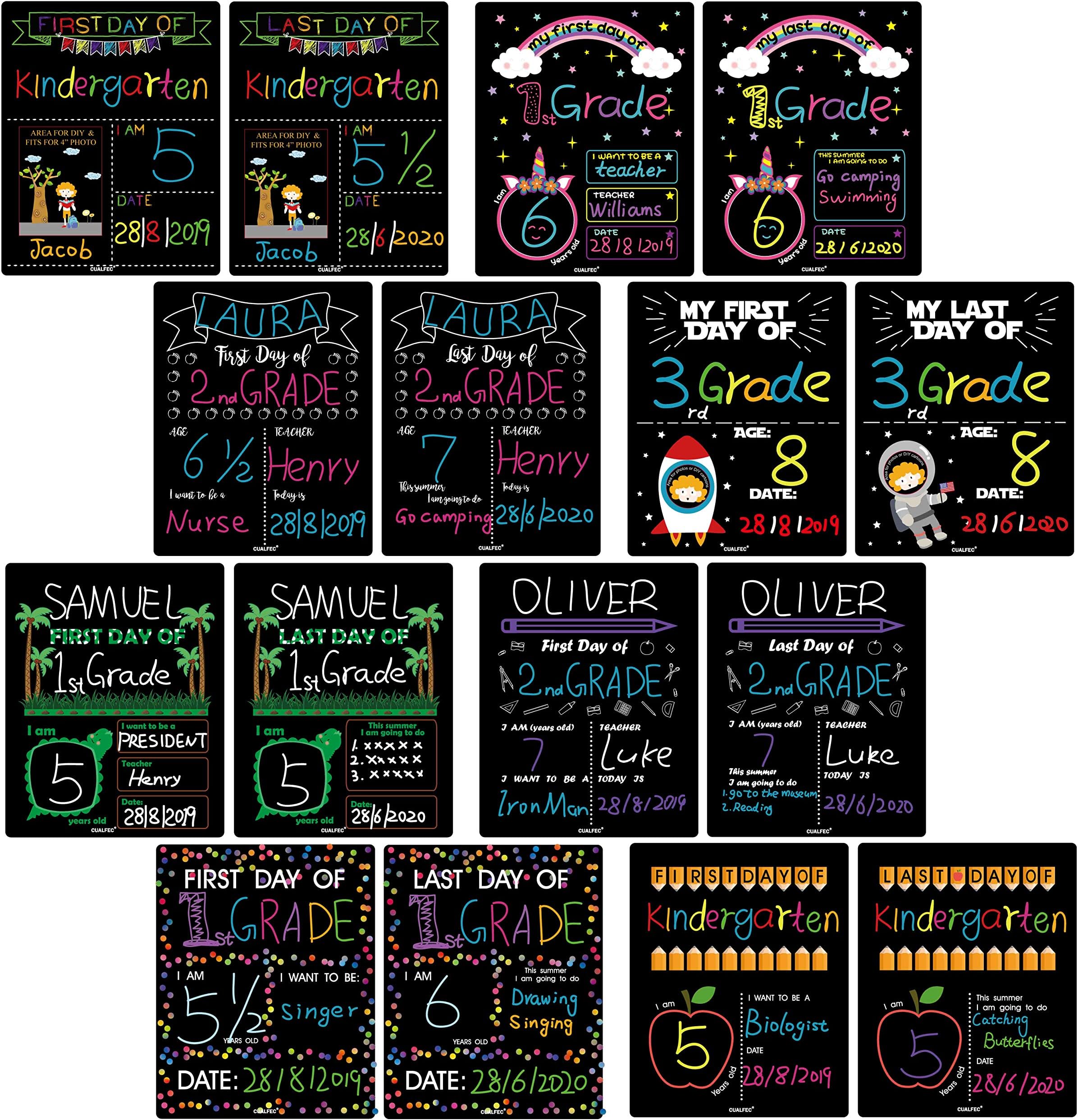 CUALFEC First Day of School & Last Day of School Signs for 8x10 Picture Frame, DIY Back to School Photo Porp Signs for Boys and Girls Chalk Marker Erasable 8 Assortment Designs - 16 Pcs