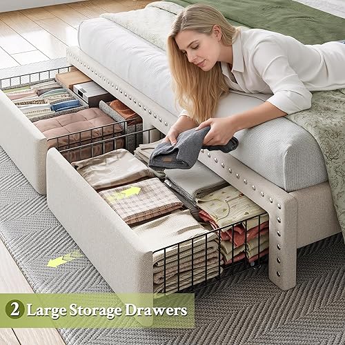 Miniatura 3 de EnHomee Base de cama tamaño Queen, marco de cama Queen tapizado con 2 cajones de almacenamiento y cabecera de 2 niveles, diseño de cabecera vertical