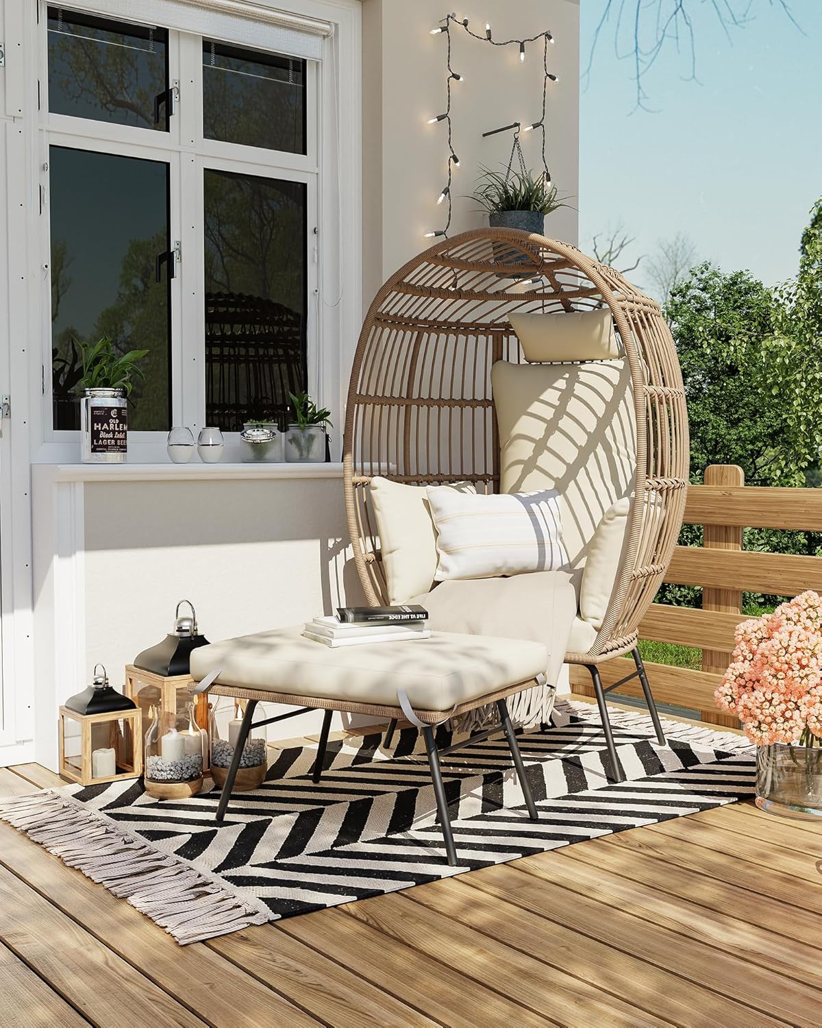 Wicker Egg Chair with Ottoman, Patio Lounge Egg Chair with