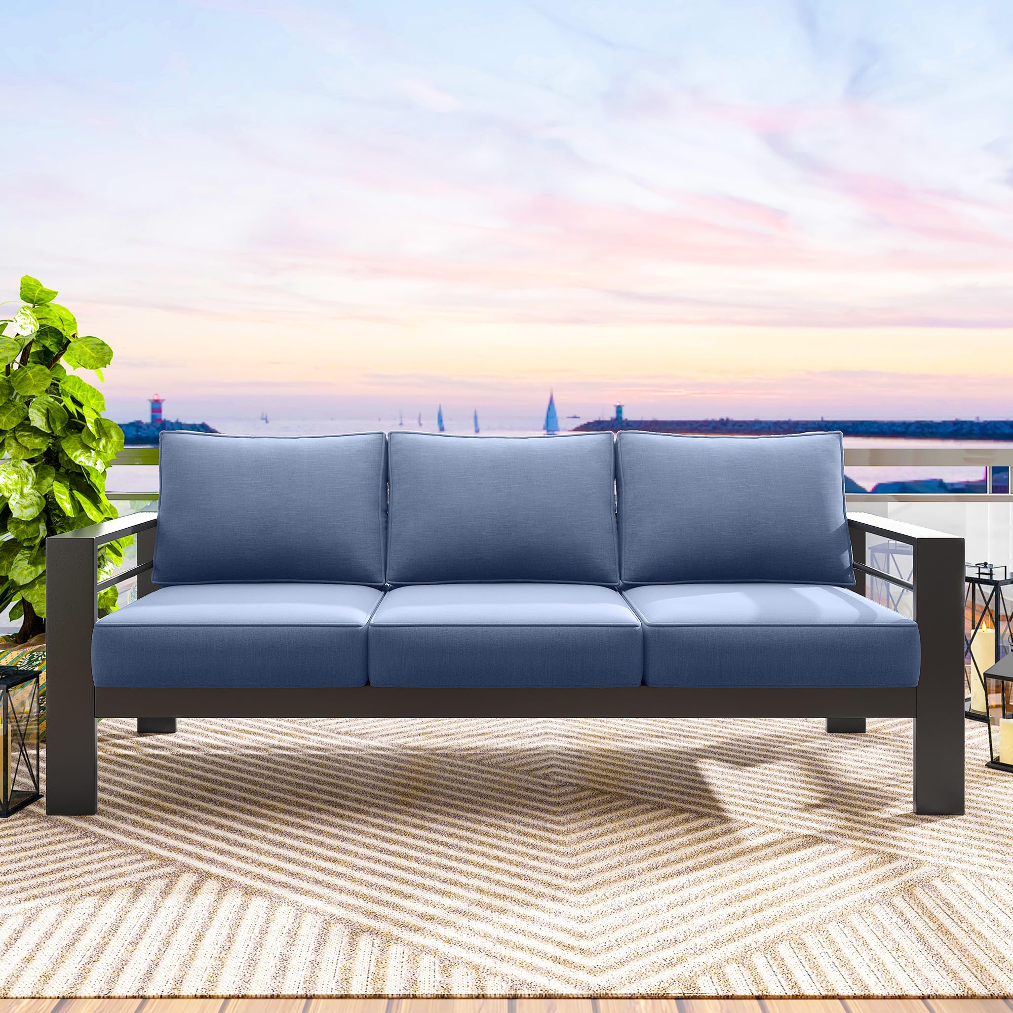 Condition photo showing New/Like New for solaste aluminum outdoor couch, 3-seat metal outdoor sofa with water-resistant cushion, weather-resistant modern patio sofa, black frame blue cushion