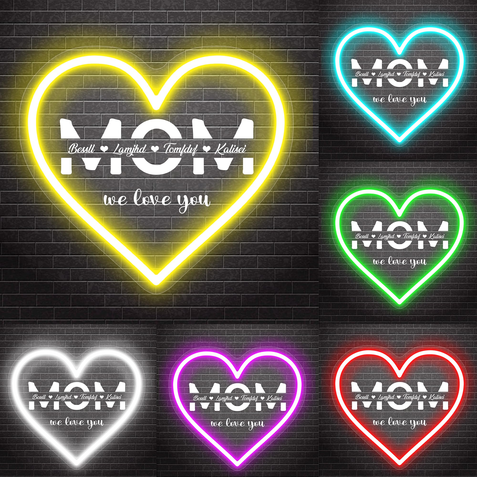 Personalized MOM We Love You Neon Sign Sign LED Light Custom 1-10 Names Acrylic Neon Lamp 6 Colors Single Color Lights Neon Light for Wall Gifts for Mother's Day Mom(Heart)