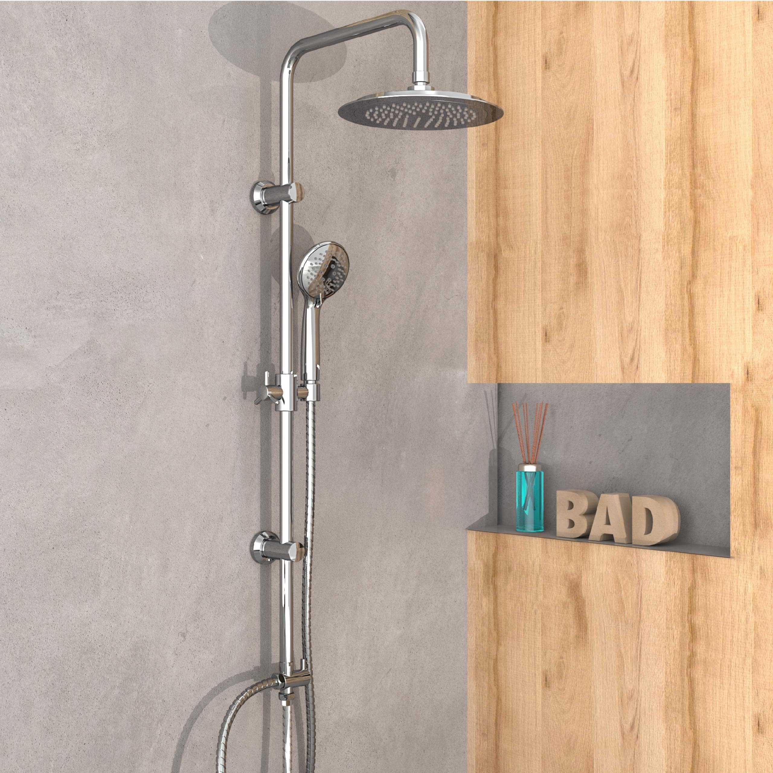 EISL DX12009 Duschset zum Kleben, Duschgarnitur mit Regendusche, Duschstange ohne Bohren, Duschsystem ohne Armatur, Duscharmatur mit Regenwalddusche und Handbrause mit 3 Strahlarten, Chrom