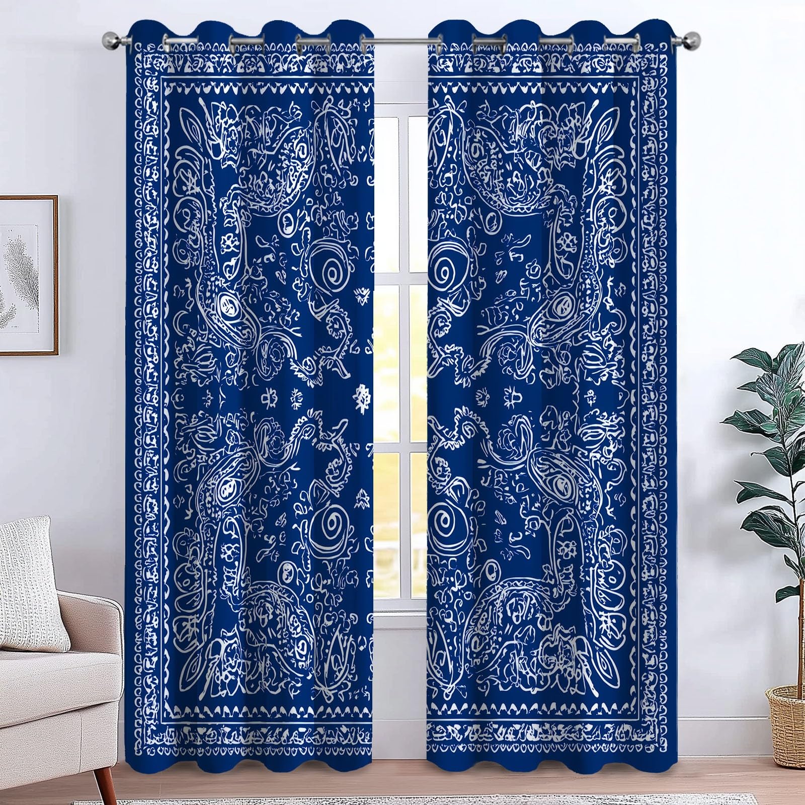 Générique Rideaux Occultants Enfant Motif Traditionnel 110 x 215 cm (L x H), Isolation Phonique à Œillets Foulard, pour Chambre Garçon (2 Panneaux) Bleu Foncé