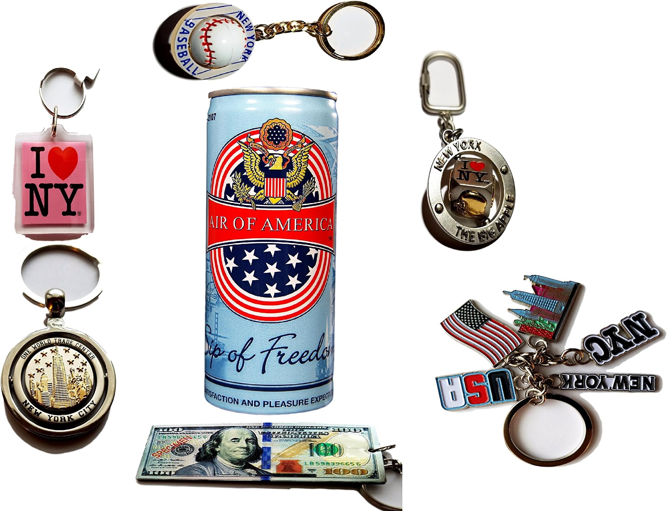 New York Keychain Souvenir Bundle- 100 Dollar Bill- World Trade Center- The Big Apple-NY Baseball- Made in America Caned Air