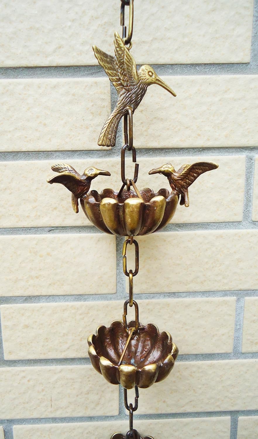 Brass Rain Cups with 3 Birds 100" Inches H Outdoor