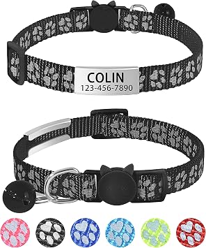 LaReine Reflective Cat Collars Breakaway with Bell and ID Tag - with Personalization Options 7.5"-12.5" Neck, Customized - Black