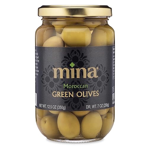 Mina Green Olives, 12.5 oz - Deliciosas aceitunas verdes, aperitivo vegano, aceitunas marroquíes seleccionadas a mano de primera calidad, curadas