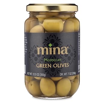 Mina Green Olives, 12.5 oz - Delicious Green Olives, Vegan Snack, Premium Hand Picked Moroccan Olives, Naturally Cured, Gluten Free, Low Carb, Non GMO Keto, Paleo, and Kosher