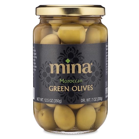 Mina Green Olives, 12.5 oz - Delicious Green Olives, Vegan Snack, Premium Hand Picked Moroccan Olives, Naturally Cured, Gluten Free, Low Carb, Non GMO Keto, Paleo, and Kosher