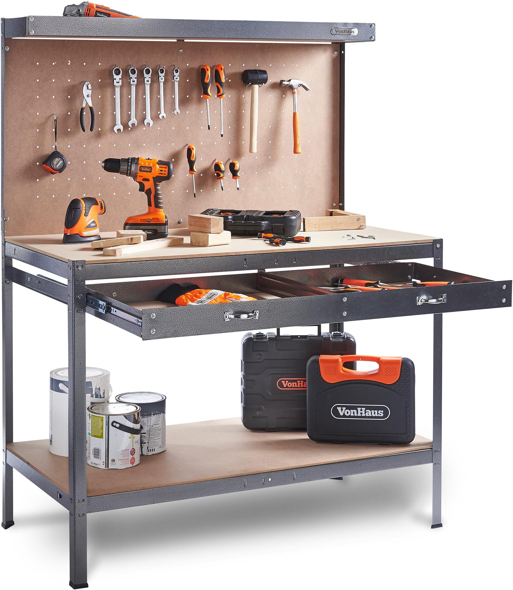VonHaus Garage Work Bench with Pegboard - Metal and Wooden Workbenches - Suitable for Most Garage Equipment - Workbench Containing - Storage Drawer, Shelf and 20 Hooks - 230kg Capacity