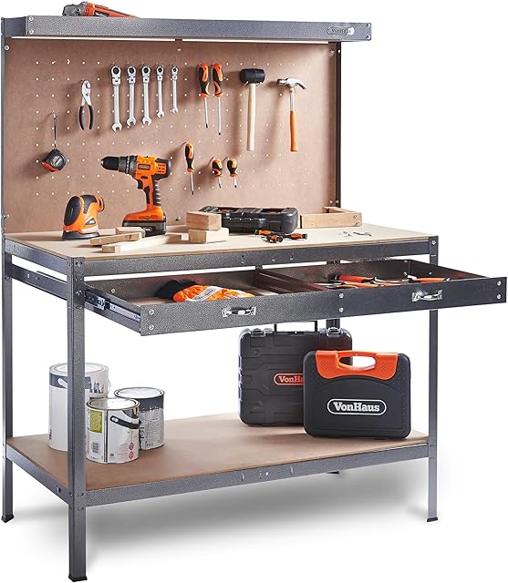 VonHaus Garage Work Bench with Pegboard - Metal and Wooden Workbenches - Suitable for Most Garage Equipment - Garage Workbench Containing - Storage Drawer, Shelf and 20 Hooks - 230kg Capacity