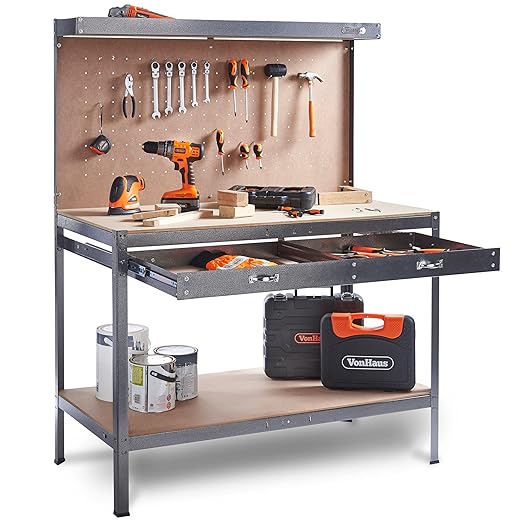 VonHaus Garage Work Bench with Pegboard Metal and Wooden Workbenches