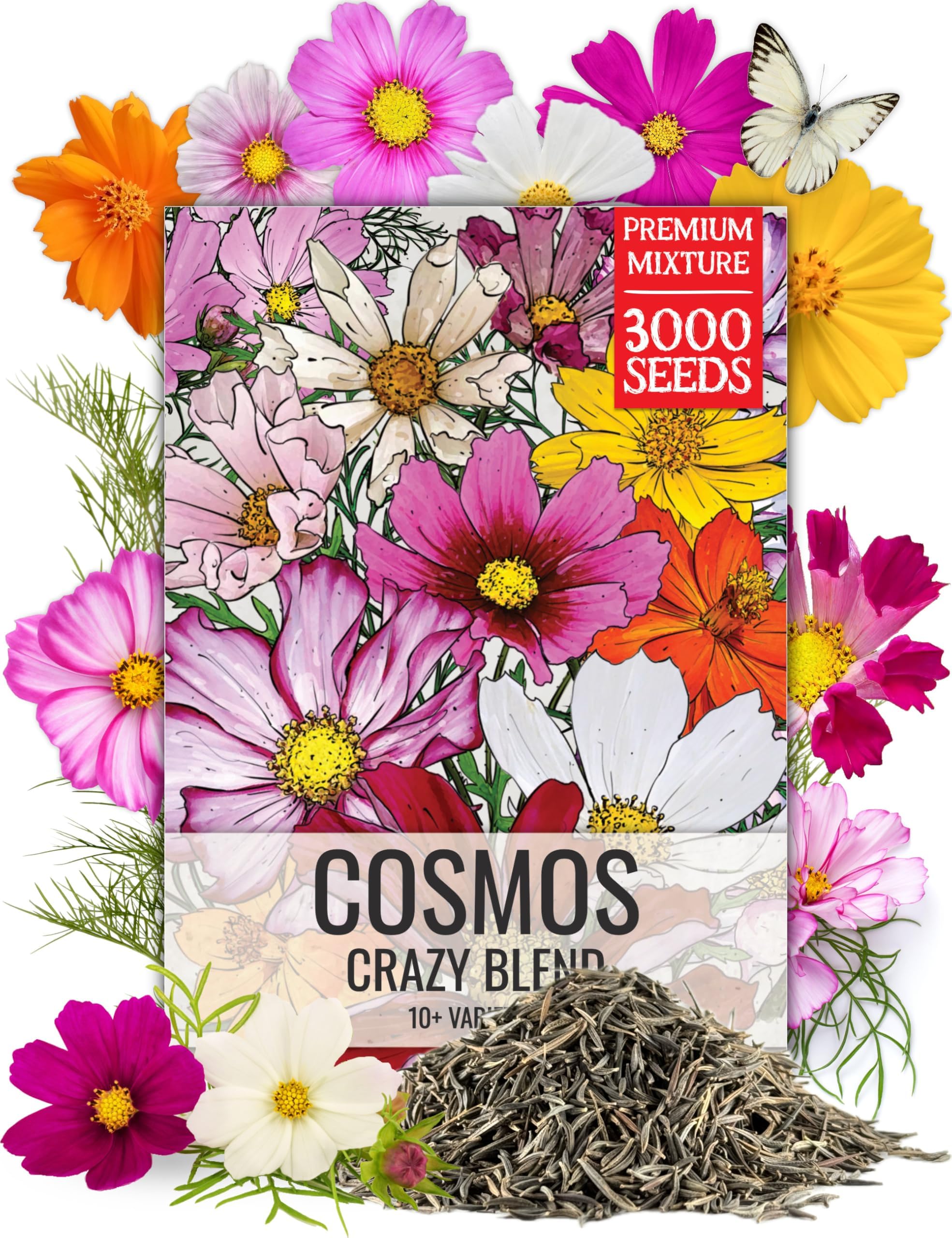 Flower Seeds Cosmos Crazy Blend No Filler 10+ Varieties | Cosmo Bipinnatus Open Pollinated Untreated Resealable Packaging Keeps Fresh Bulk Flowering Mix