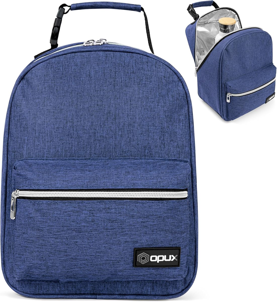 opux Insulated Lunch Box for Kids and Adults, Soft Lunch Bag, Navy Blue | Reusable Thermal Lunchbox, Clip-On Buckle Handle, Dual Zippers, Front Pocket, Mesh Back Pocket, Leakproof BPA-Free Lining