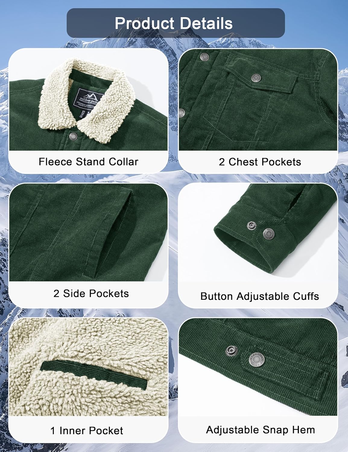 CRYSULLY Men's Corduroy Jacket Cotton Sherpa Lined Jacket Turn-Down Collar Jackets with 5 Pockets - Image 5