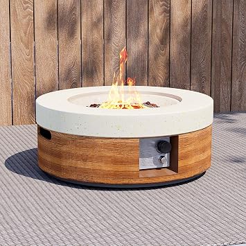 28inch Round Propane Fire Pit TablePortable Natural Wood Finish,Auto-Ignition,50,000 BTU,Includes Lava Rocks & Waterproof CoverIdeal for Balcony & Small Patios