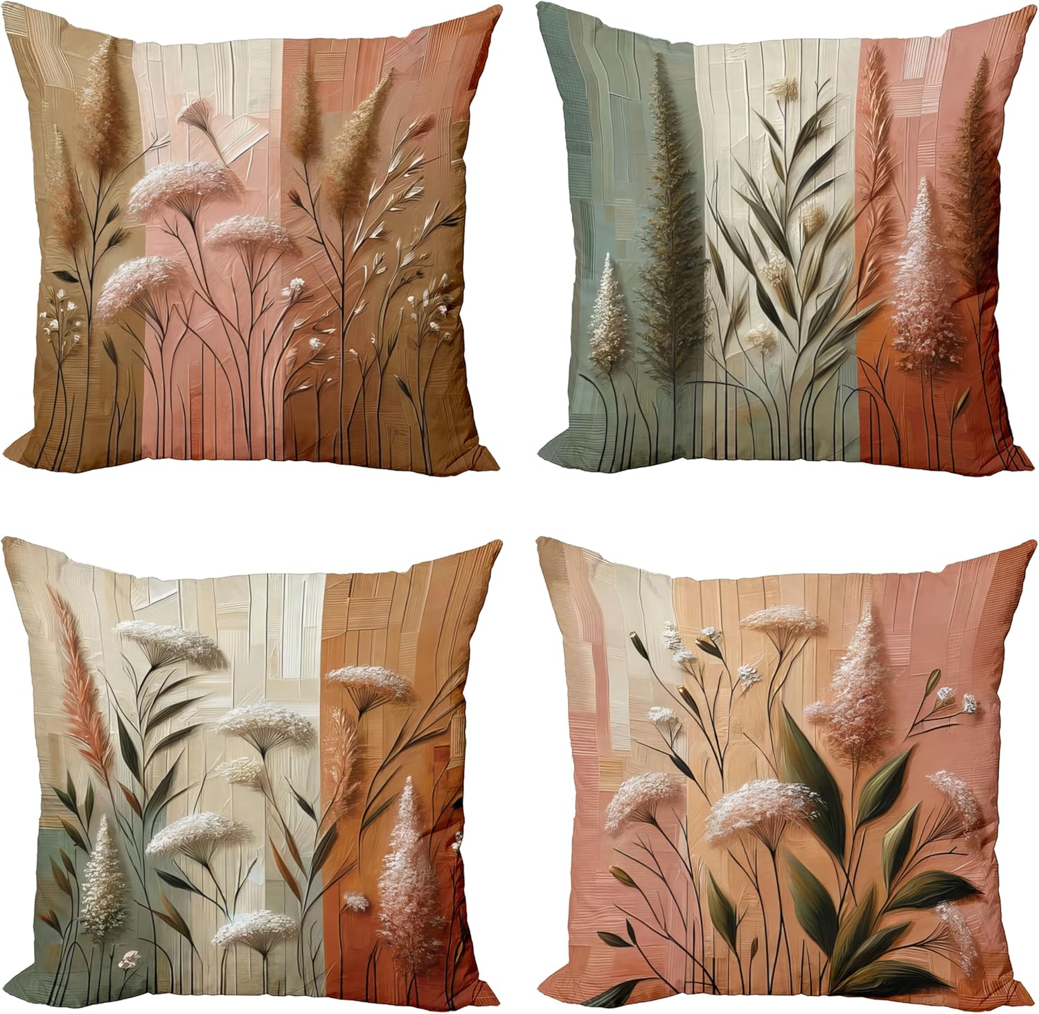 Ambesonne Botanical Throw Pillow Cushion Cover Set of 4, Meadow Blooms with Painting Effect Joyful Nature Woodland Romance, Decorative Accent Double-Sided Printing, 24", Rose Amber Laurel Green