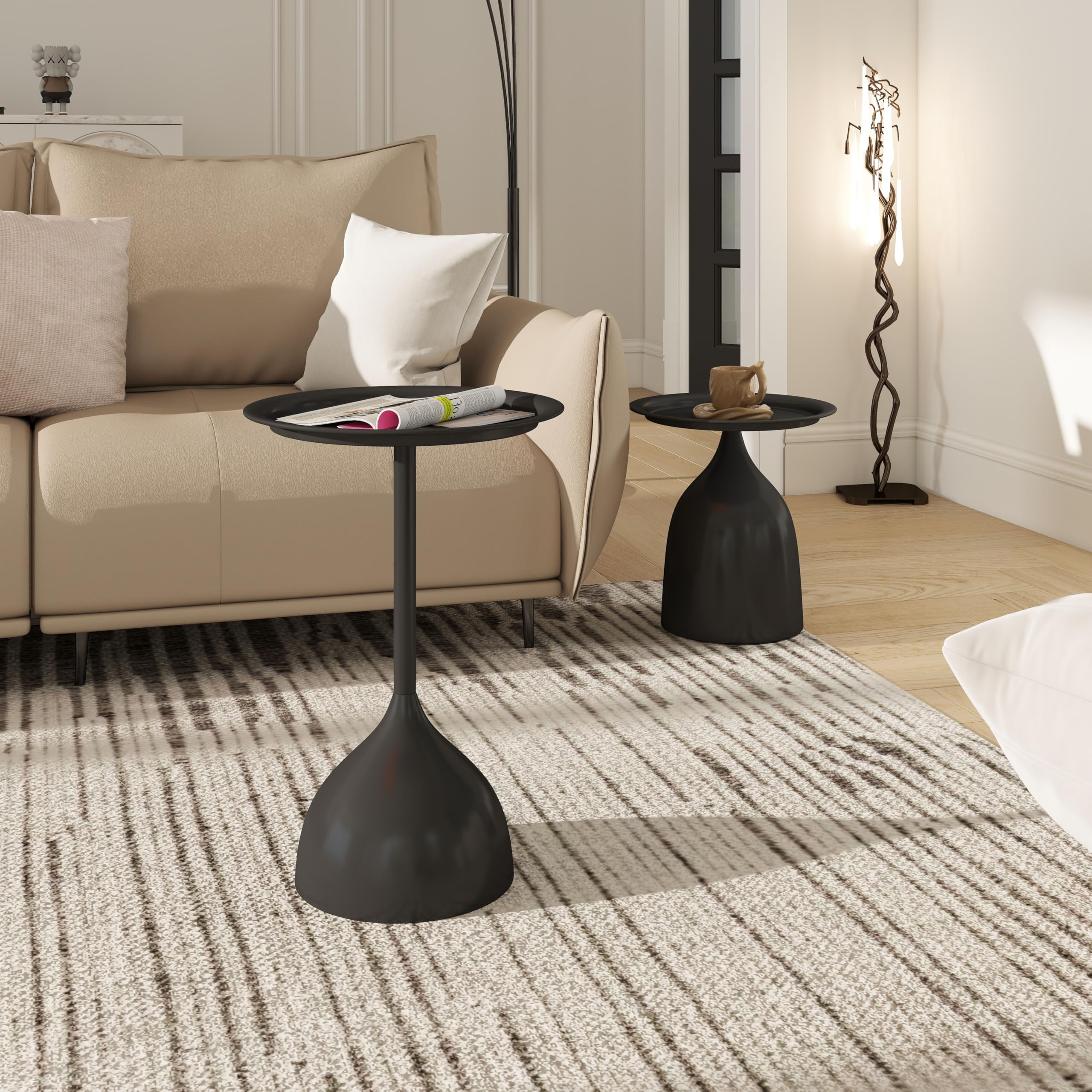 hitsuki Lot de 2 Tables Basses Gigognes, Noir Table d'appoint Rondes en Métal, Petite Table Décoration Intérieure, 40x60 cm + 40x42 cm