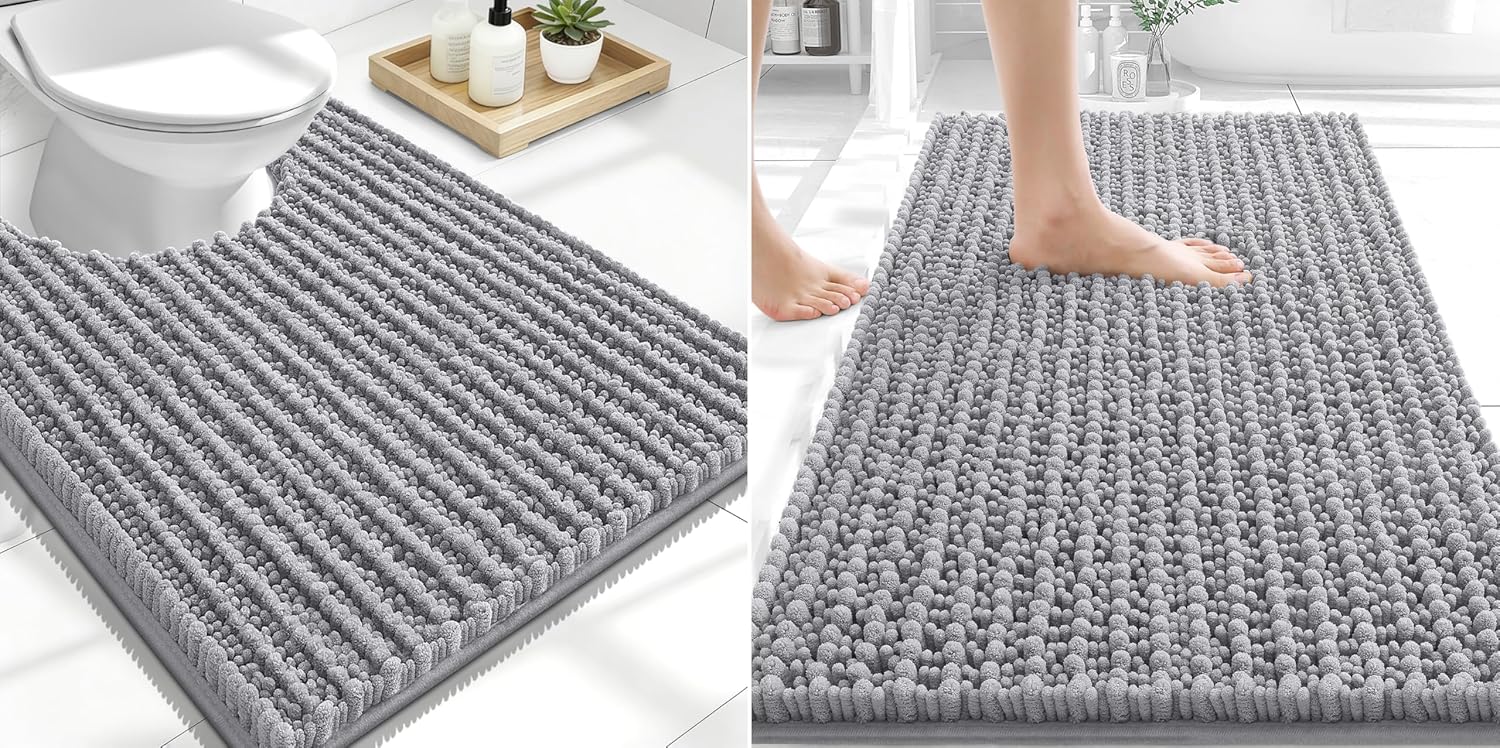OLANLY Chenille Bath Rugs and Toilet Rugs U-Shaped, Thick Soft and Absorbent, Bath Rug Size 30x20 and Toilet Rugs Size 24x20 in Grey, 2 Item Bundle
