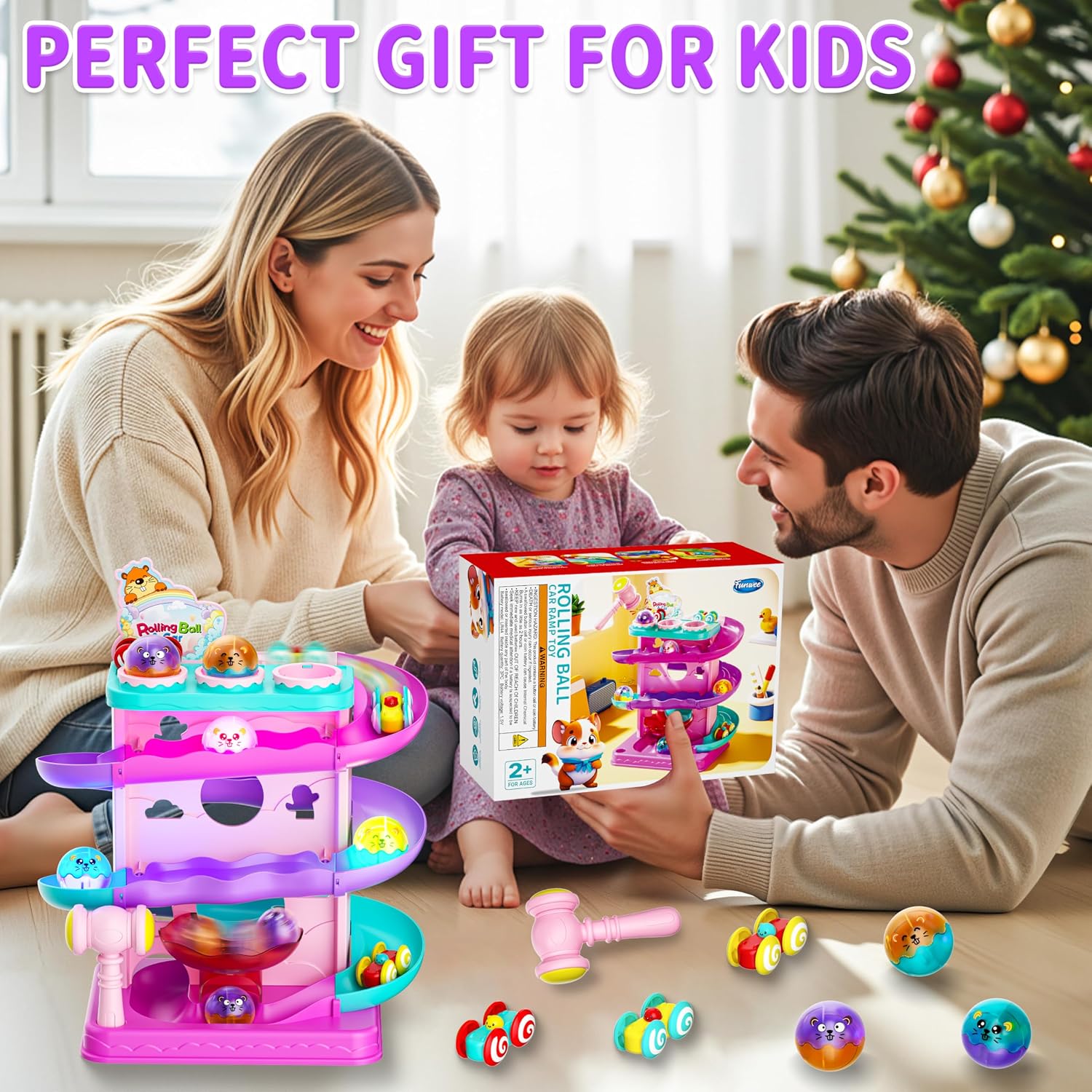 Funwee 2-in-1 Light Up Rolling Ball & Racing Car Ramp Toddler Toy, Race Track Hammer Ball Drop Toys, Interactive Montessori Learning Game for Kids 1-5+ Year Old Girl Boy Gift(Pink)